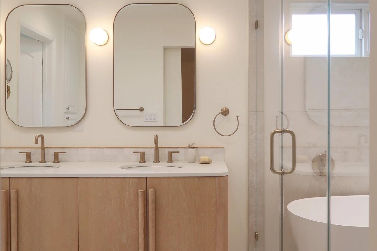 A Calm Retreat: Wood Double Vanity & Freestanding Tub