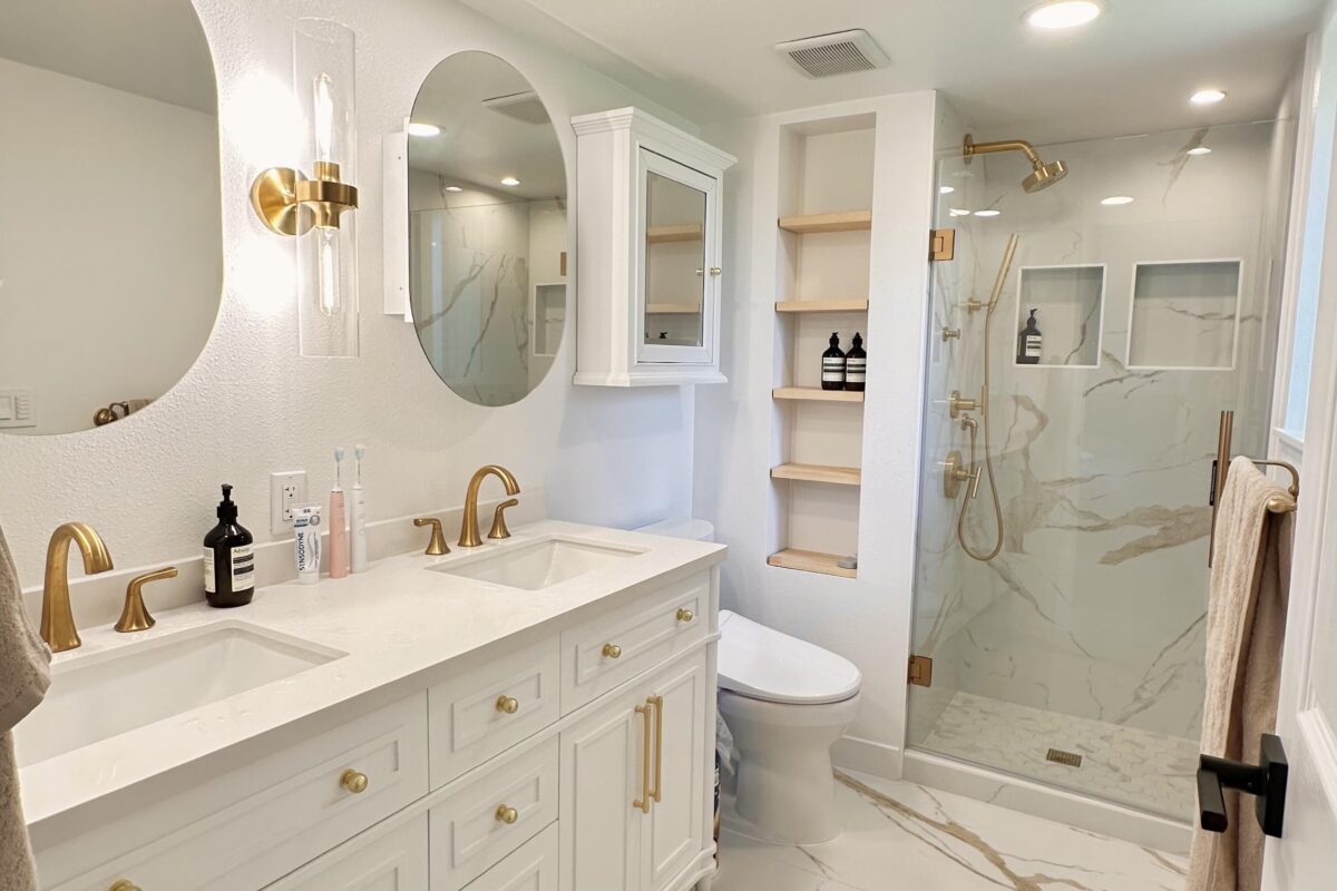Timeless Grace: White Double Vanity & Gold Accents