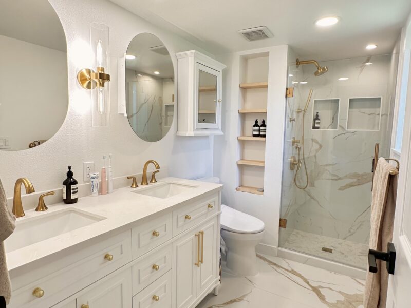 Timeless Grace: White Double Vanity & Gold Accents