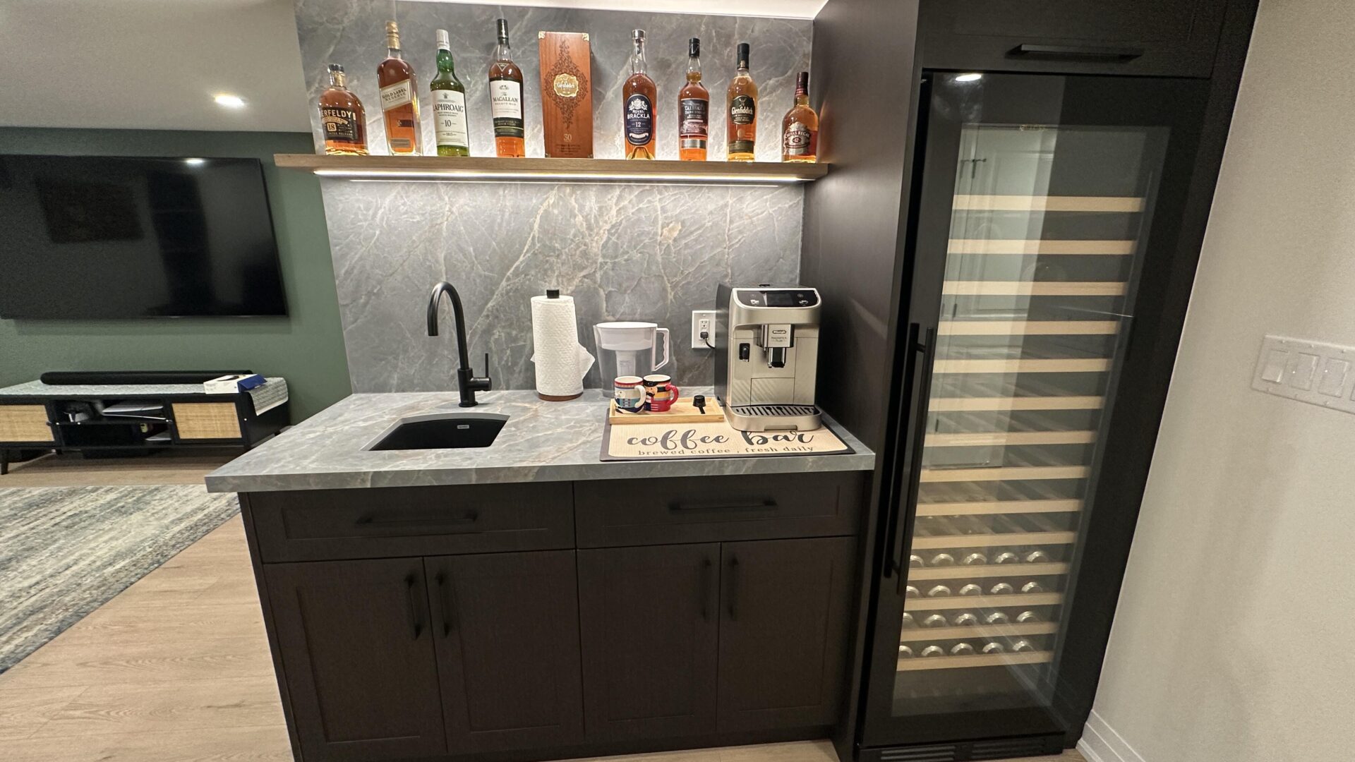 Evening Elegance: Black Cabinet Basement Wet Bar